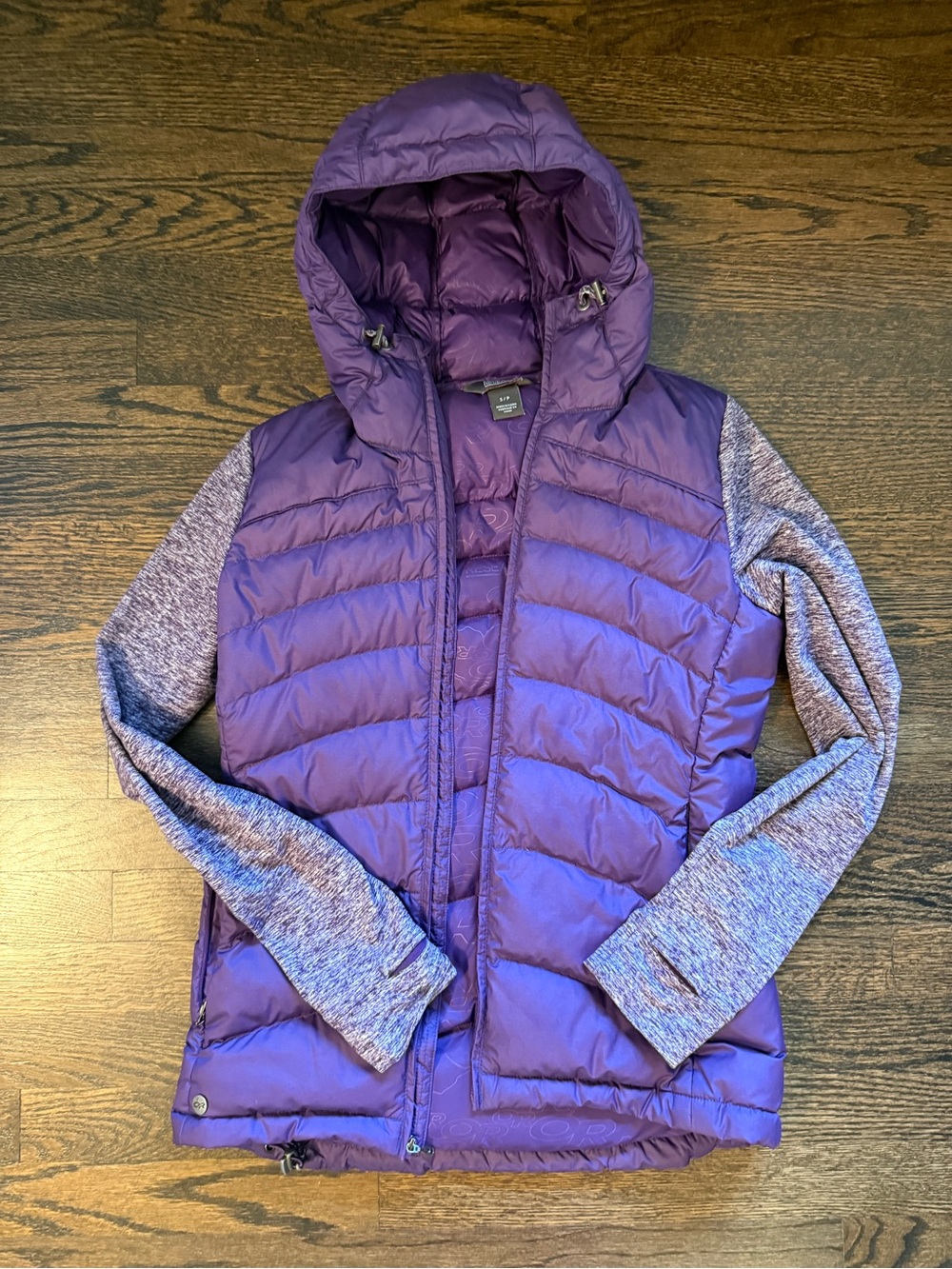 Outdoor Research Purple Hooded Down Puffer Jacket with Heathered Gray Sleeves